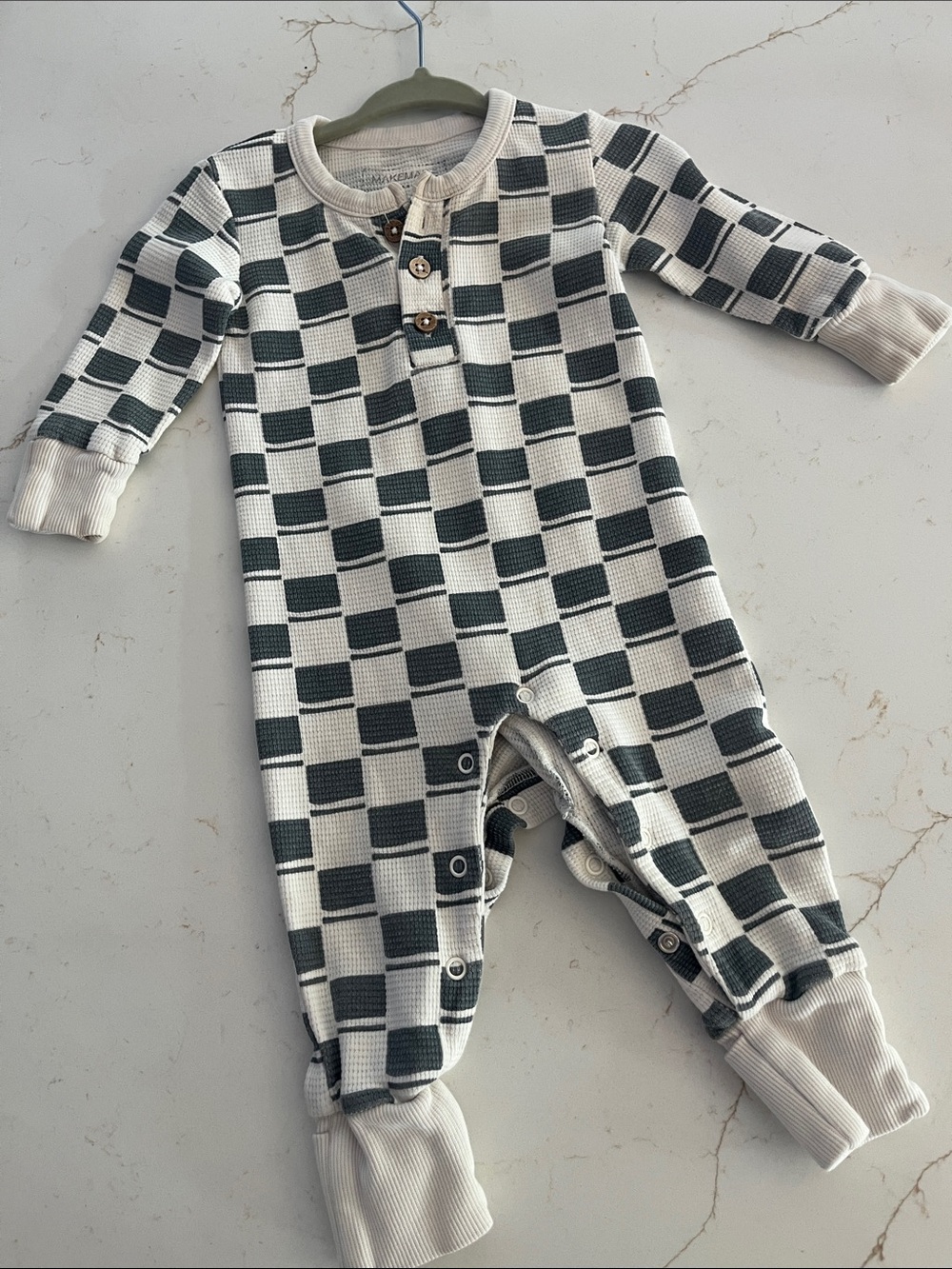 Makemake organics Checker Waffle One-Piece Romper - Cream & Dark Gray